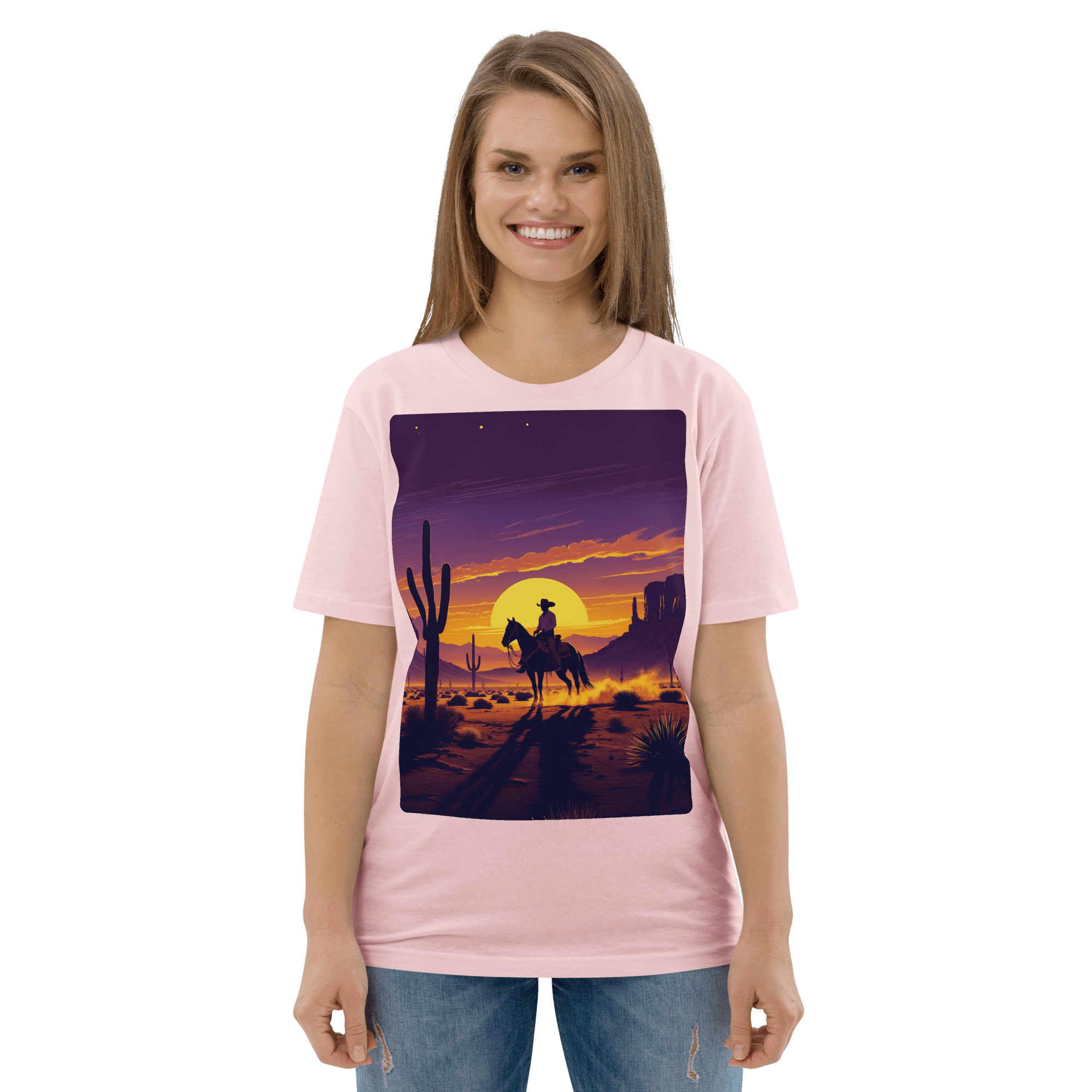 Desert Cowboy Organic Cotton T-Shirt - Western Sunset Graphic Tee - Design Delight Studio