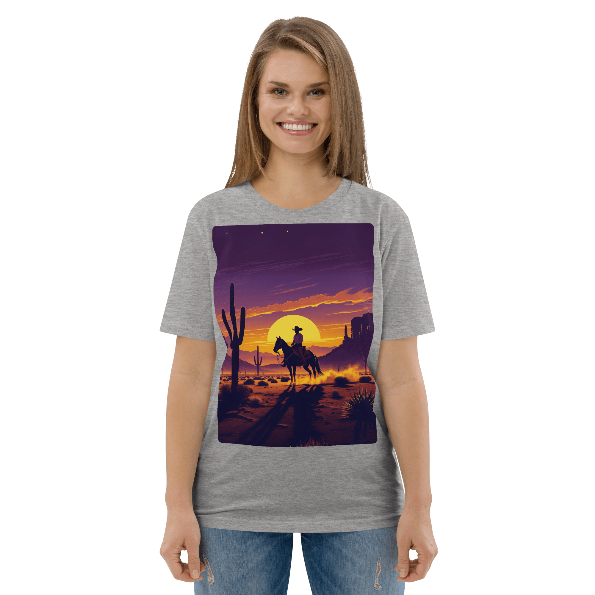 Desert Cowboy Organic Cotton T-Shirt - Western Sunset Graphic Tee - Design Delight Studio