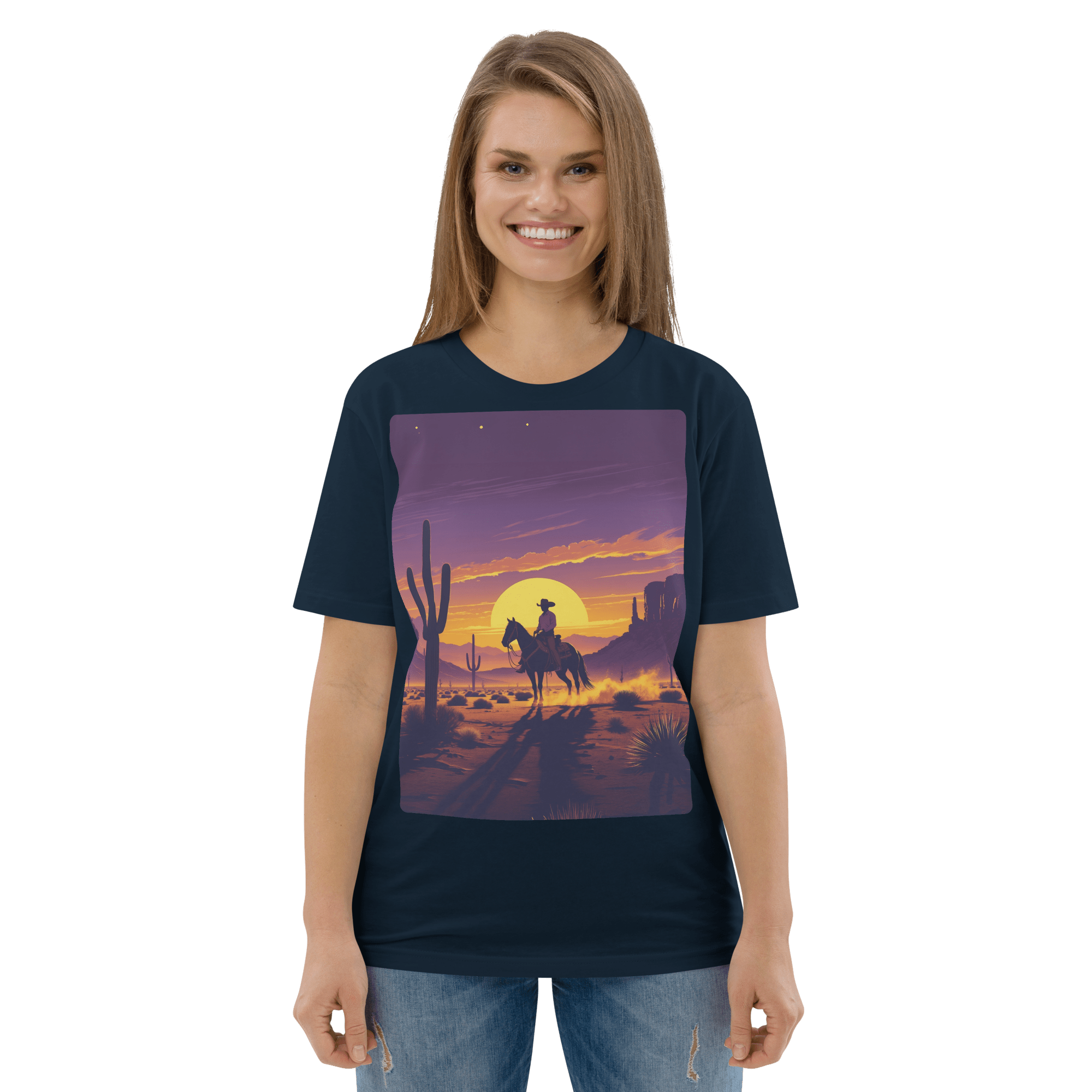 Desert Cowboy Organic Cotton T-Shirt - Western Sunset Graphic Tee - Design Delight Studio