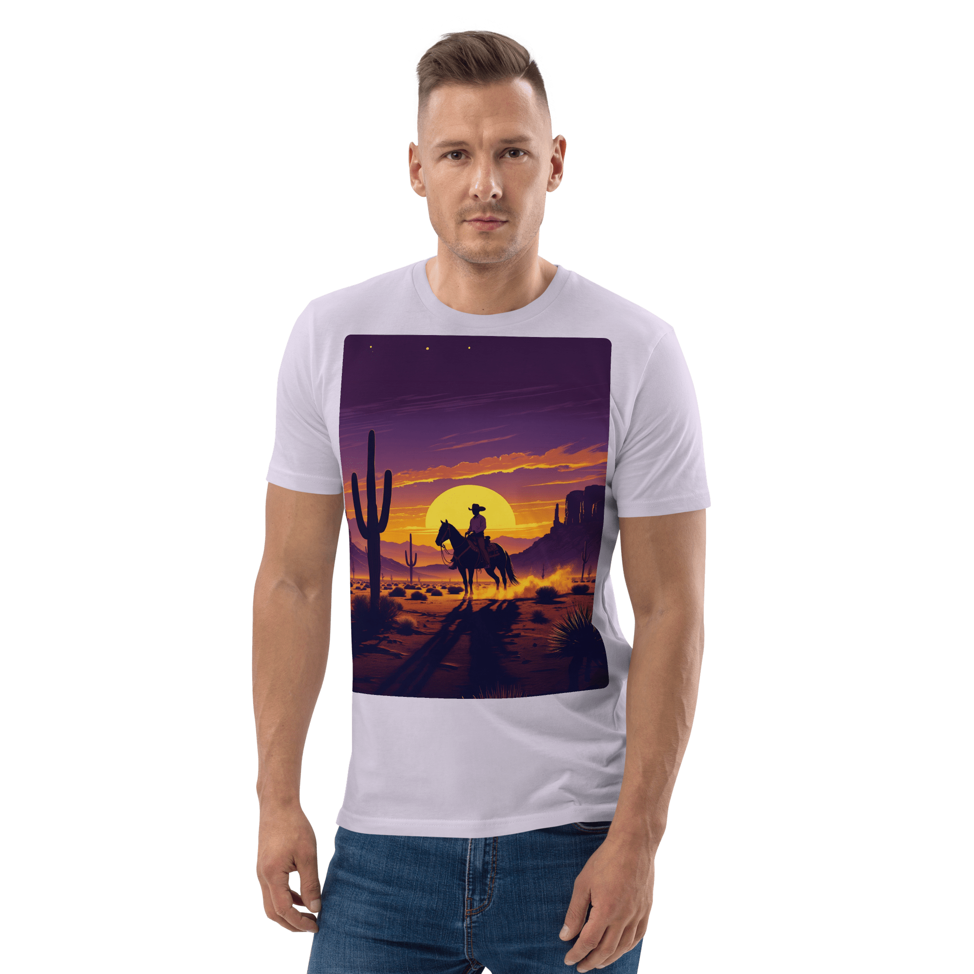 Desert Cowboy Organic Cotton T-Shirt - Western Sunset Graphic Tee - Design Delight Studio