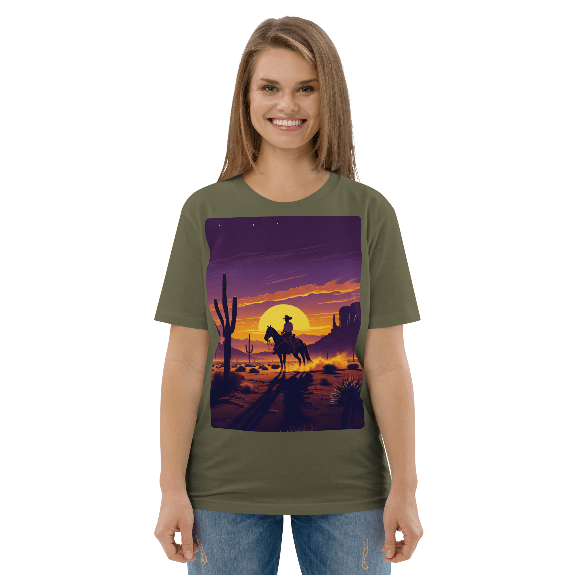 Desert Cowboy Organic Cotton T-Shirt - Western Sunset Graphic Tee - Design Delight Studio
