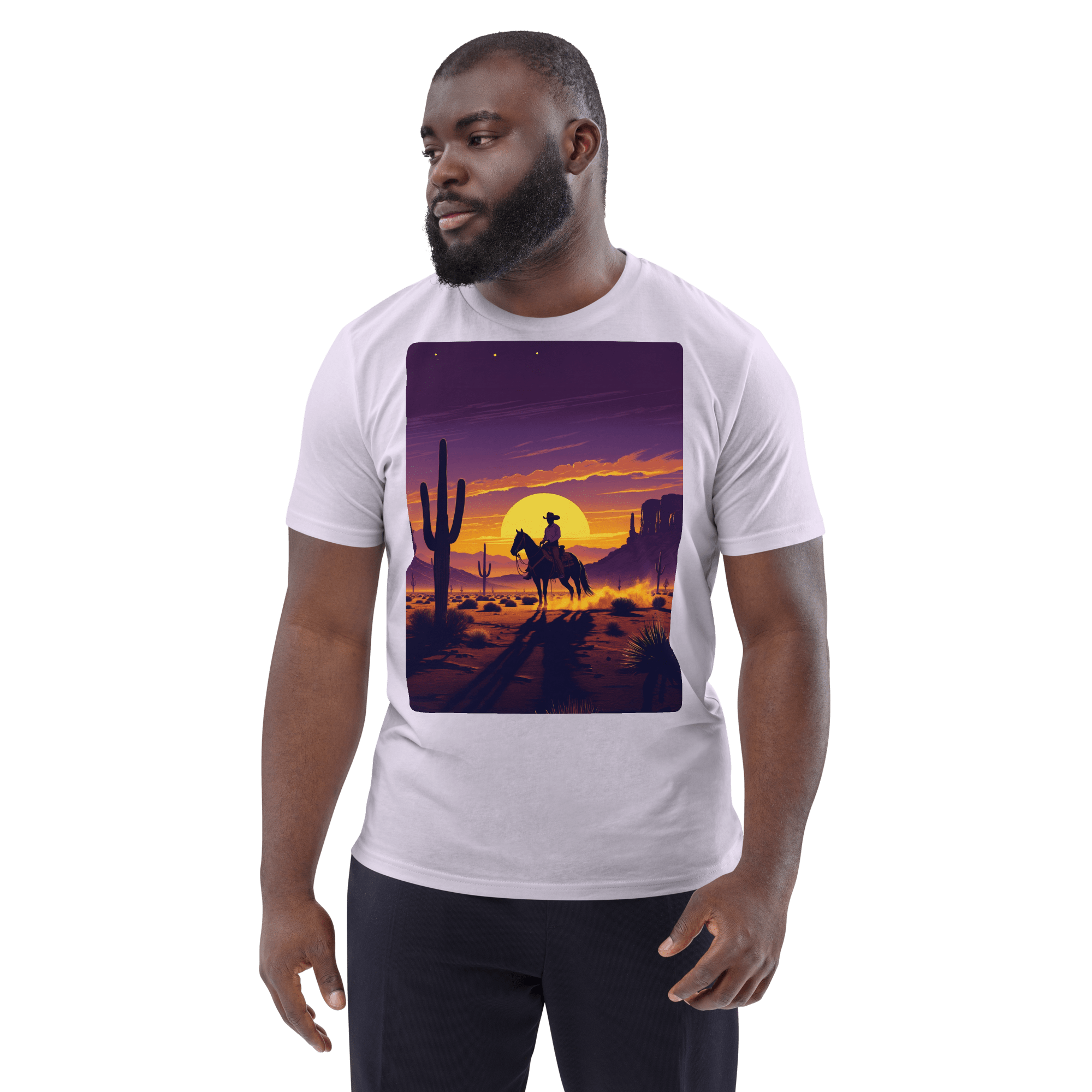 Desert Cowboy Organic Cotton T-Shirt - Western Sunset Graphic Tee - Design Delight Studio