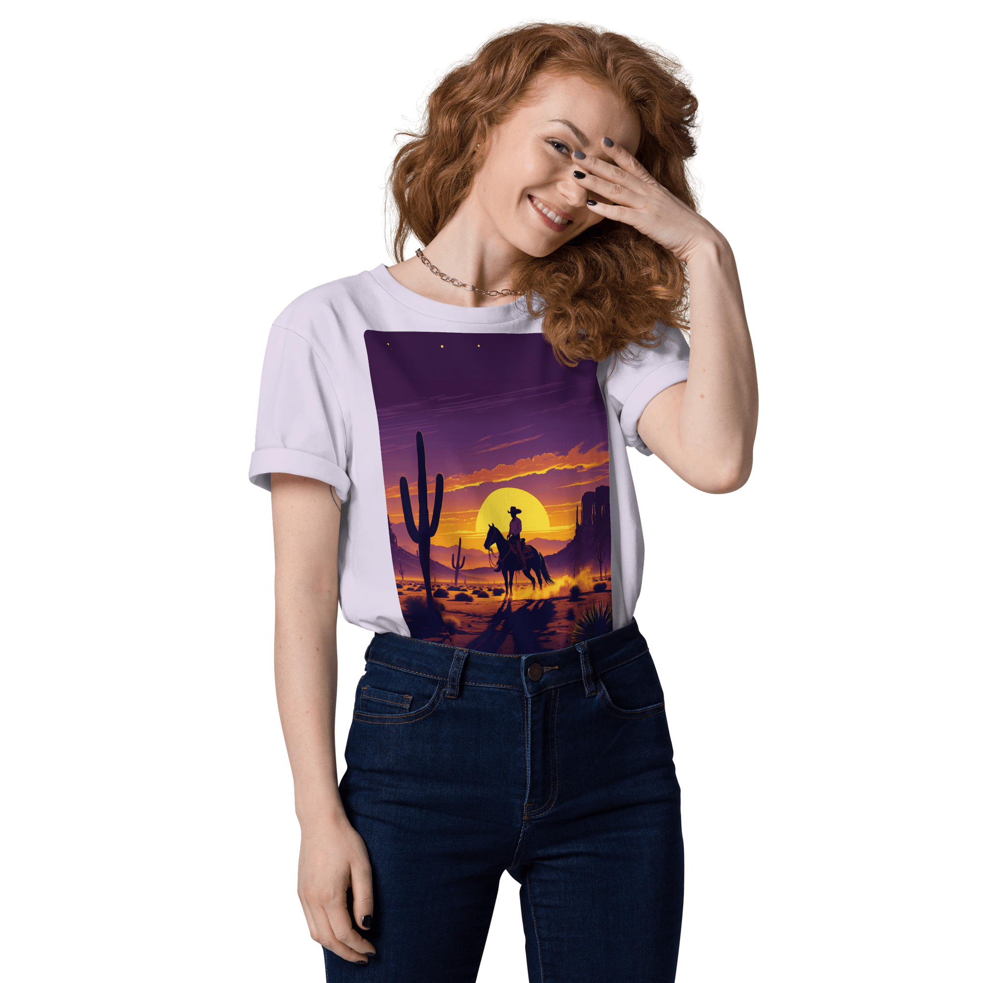 Desert Cowboy Organic Cotton T-Shirt - Western Sunset Graphic Tee - Design Delight Studio