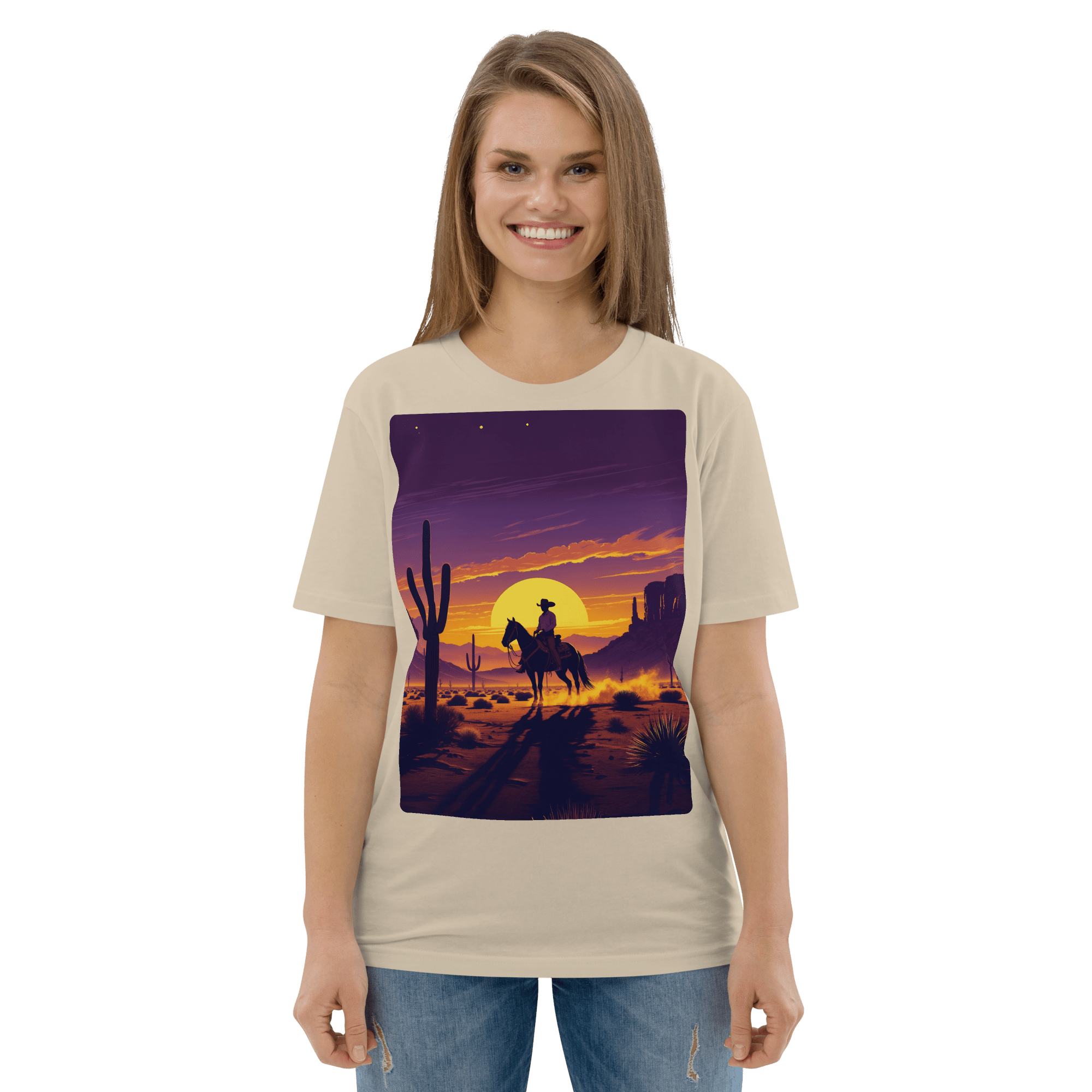 Desert Cowboy Organic Cotton T-Shirt - Western Sunset Graphic Tee - Design Delight Studio