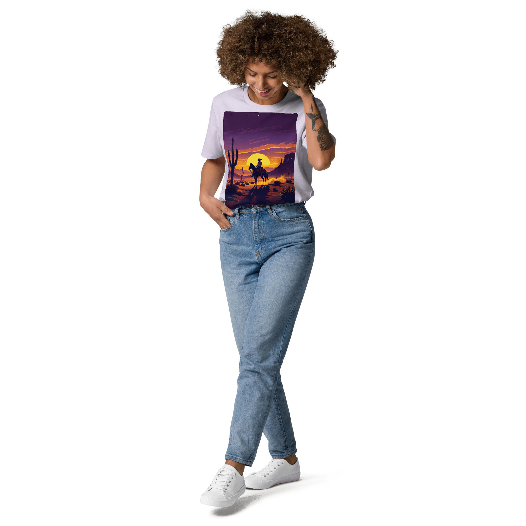Desert Cowboy Organic Cotton T-Shirt - Western Sunset Graphic Tee - Design Delight Studio