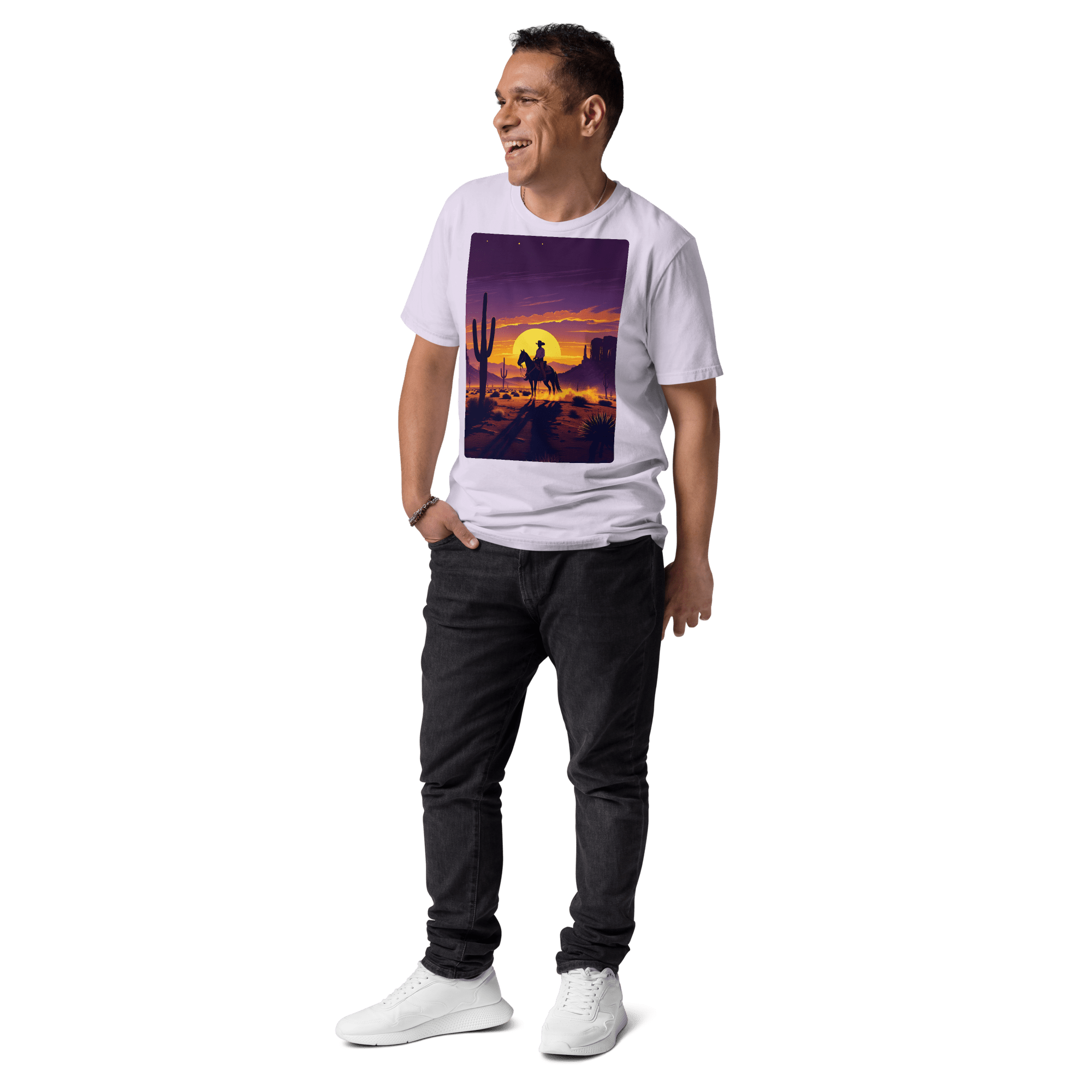 Desert Cowboy Organic Cotton T-Shirt - Western Sunset Graphic Tee - Design Delight Studio