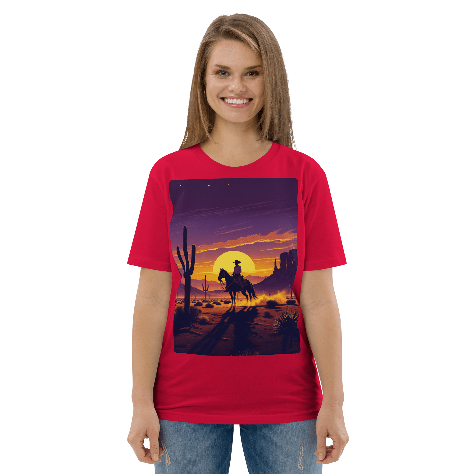 Desert Cowboy Organic Cotton T-Shirt - Western Sunset Graphic Tee - Design Delight Studio