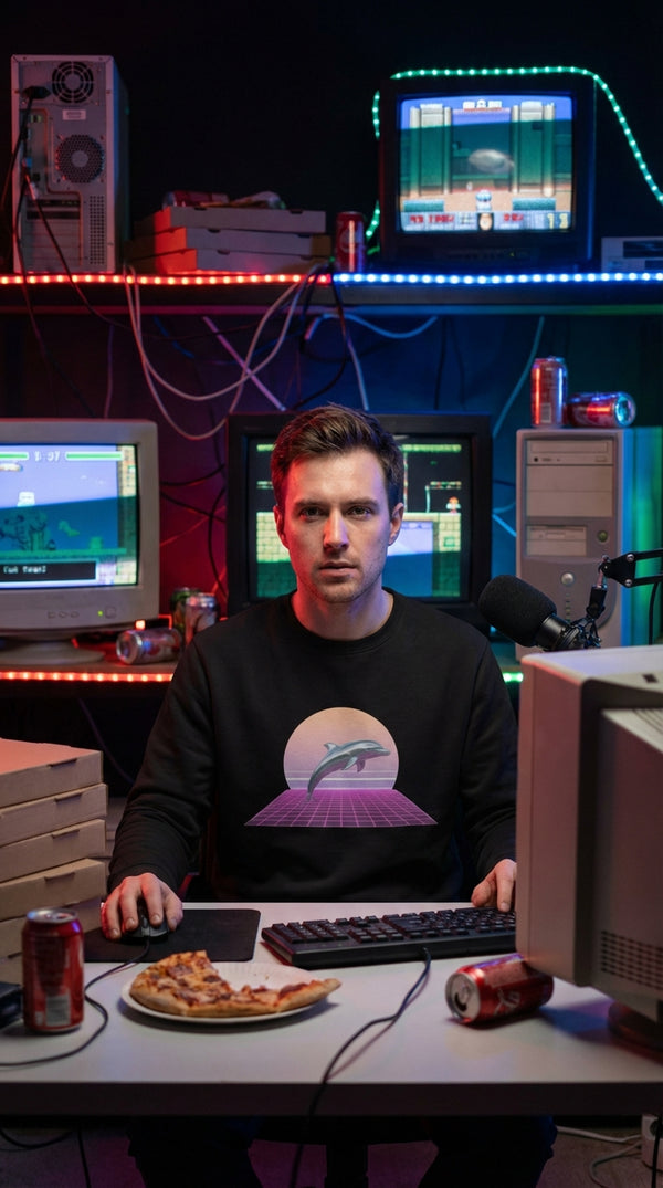 Vaporwave Dolphin Organic Sweatshirt - Male Streamer in 90s LAN Party - 90s Grunge Revival