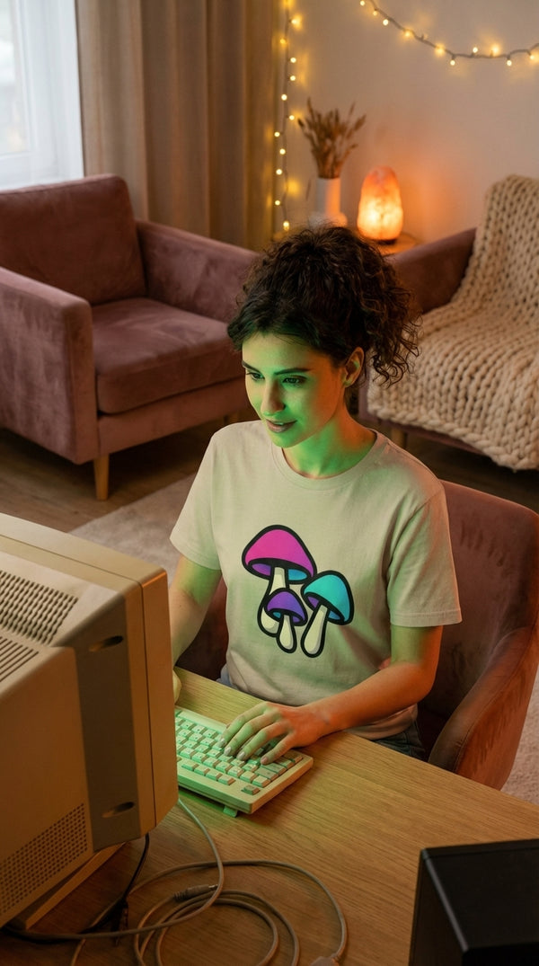 Neon Mushroom Trio Organic Cotton T-Shirt - 90s Retro Hacker in Living Room - 90s Retro Sustainable