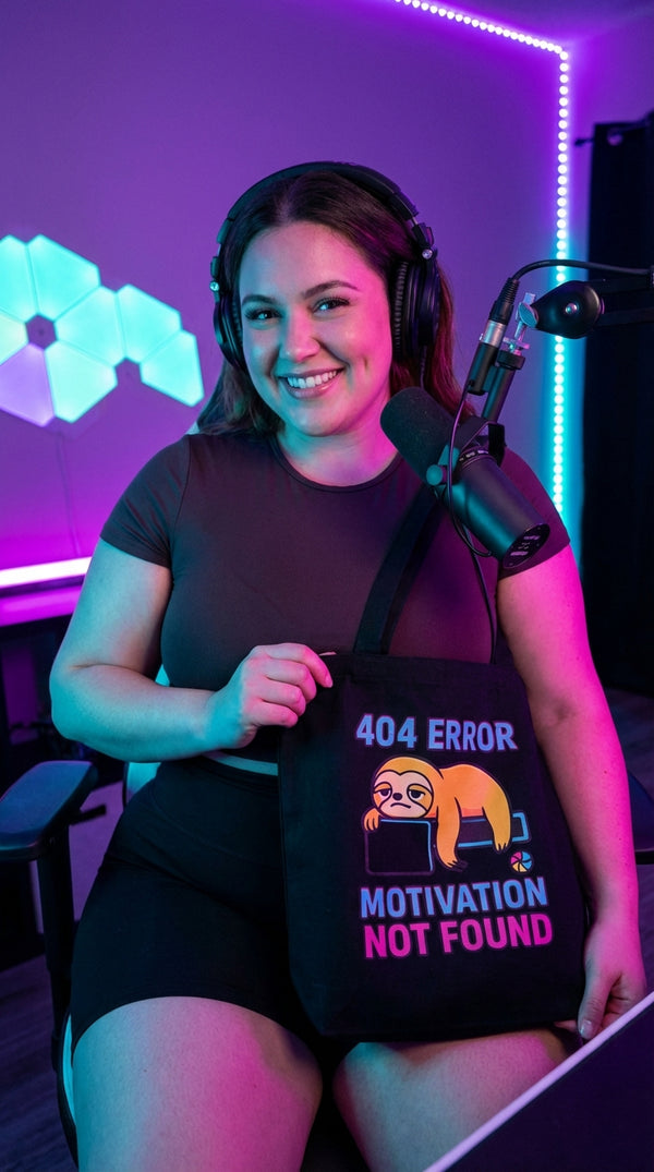 Organic Cotton Tote Bag - 404 Motivation Not Found Sloth - Neon Plus Streamer in RGB Gaming Room - 90s Retro Sustainable