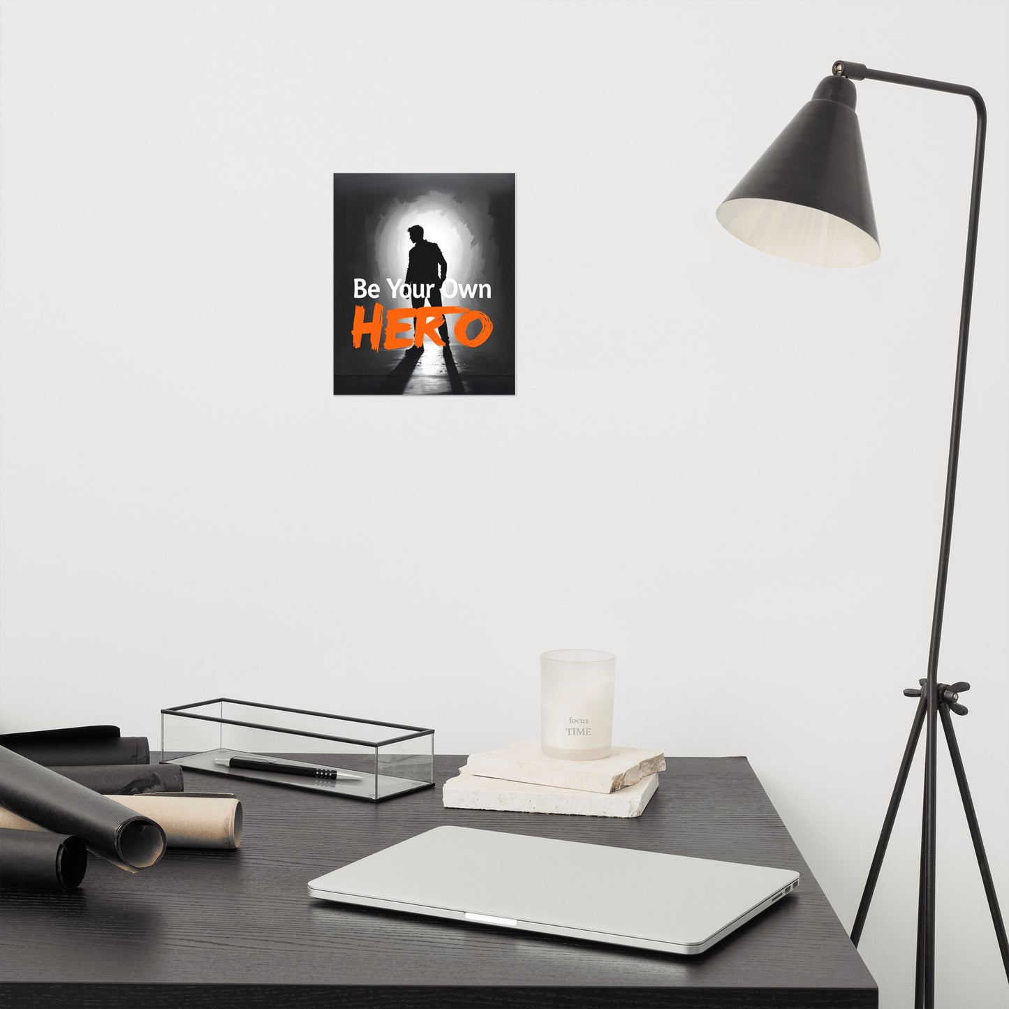 Black and white 'Be Your Own Hero' motivational poster with bold typography and silhouette design. Perfect for office, home, gym, or dorm wall décor.