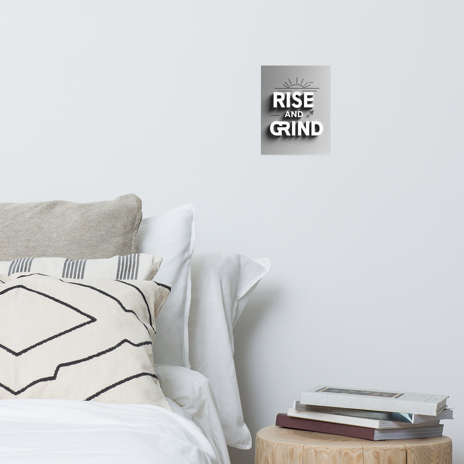 Rise and Grind Motivational Poster – Monochrome Inspirational Wall Art for Office or Gym – High-Quality Print with Free Worldwide Shipping.