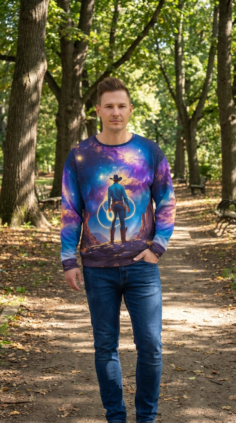 Cosmic Cowboy Recycled Unisex Sweatshirt - Eco-Hiker in Boston Common - Eco-Aesthetic Lifestyle