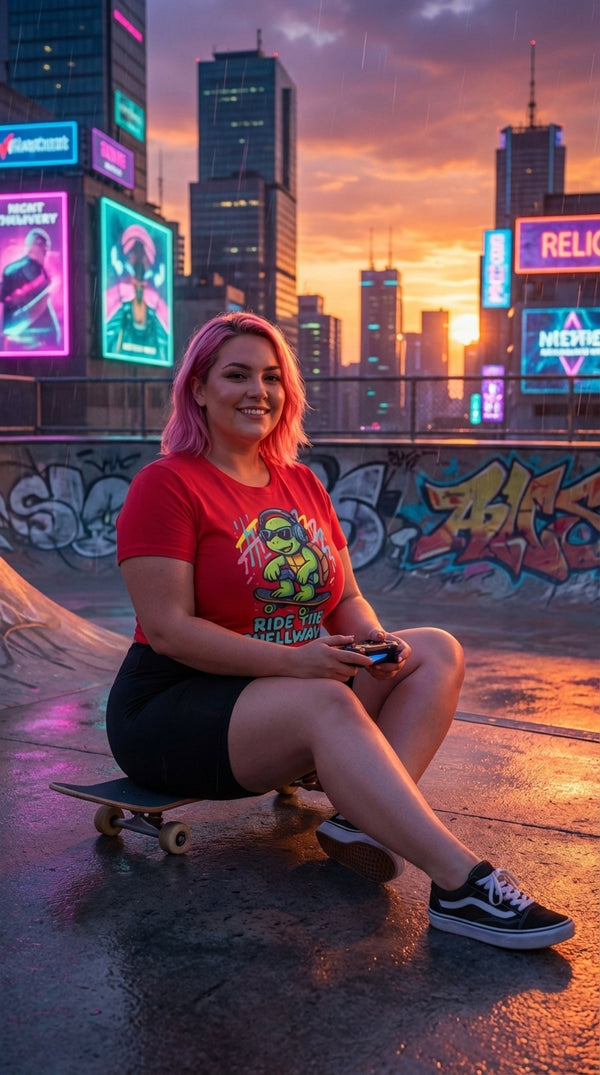 Organic Cotton T-Shirt Unisex | Ride the Shellwave - Cyberpunk Plus in Rooftop Skatepark - Cinematic Showcase