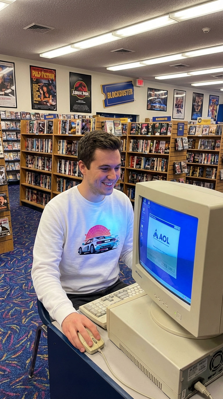 Synthwave 80s Car Organic Sweatshirt - Dial-Up Era in VHS Rental Store - 90s Retro Sustainable