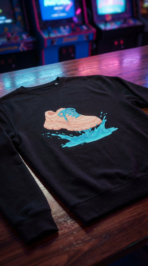 Retro Sneaker Splash Organic Cotton Sweatshirt - Folded Stack in Neon Arcade Alley - 90s Grunge Revival