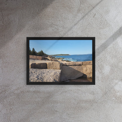 Framed Bar Harbor, Maine canvas print featuring a rocky coastal view, displayed against a scenic downtown background with autumn foliage and the text ‘Bar Harbor Maine – Framed Canvas Fine Art Prints.