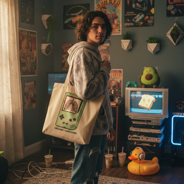 Person holding a tote bag in a room with posters and a vintage TV.