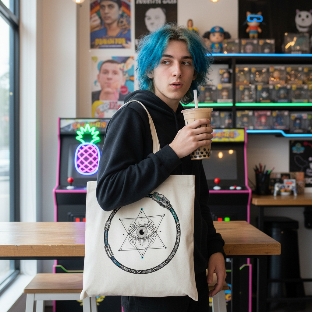 Person with blue hair holding a drink and a tote bag with a design in a casual setting.