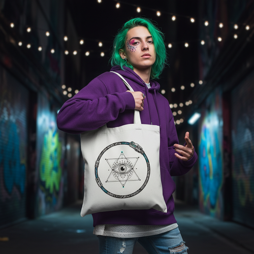 Person with green hair holding a tote bag with a symbol in a graffiti-covered alley.