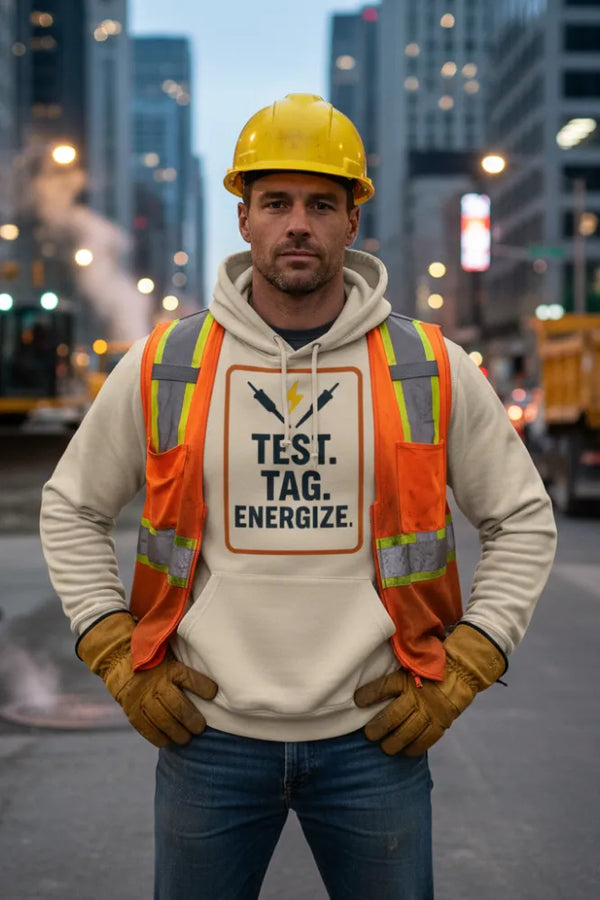 Person wearing a hard hat, safety vest, and hoodie with a slogan on a city street.