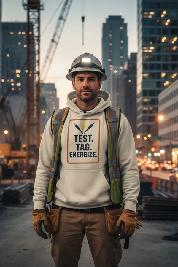 Person wearing a hard hat and safety vest with a visible brand logo in an urban setting.