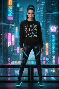 Person wearing a black sweater with colorful geometric patterns in a futuristic cityscape.