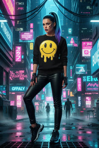 Person wearing a black sweatshirt with a yellow smiley face design in a futuristic cityscape with neon lights.
