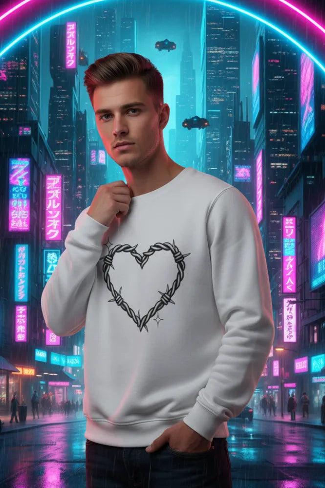 Person wearing a white sweatshirt with a black heart design in a futuristic cityscape with neon lights.