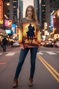 Woman wearing a colorful sweatshirt with a horse and sunset design on a city street at night.
