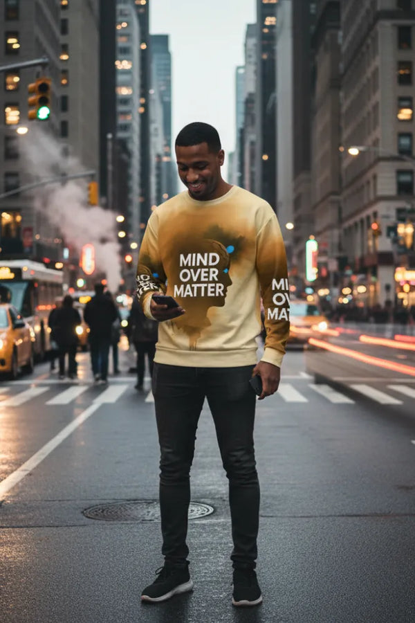 Man wearing a yellow sweatshirt with 'Mind Over Matter' text on a city street.