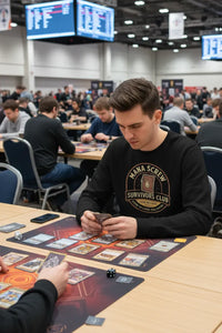 Person playing a card game at a convention with other attendees in the background.