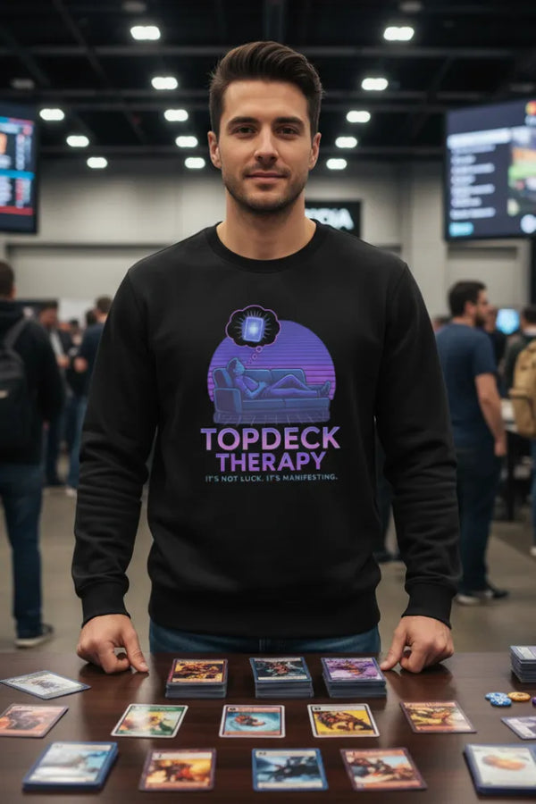 Man wearing a black sweatshirt with 'Topdeck Therapy' design at a convention.