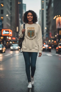 Woman walking on a city street wearing a sweatshirt with a visible logo.
