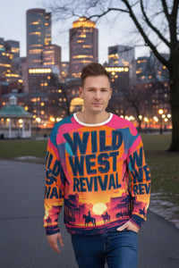 Person wearing a colorful 'Wild West Revival' sweater with a cityscape in the background