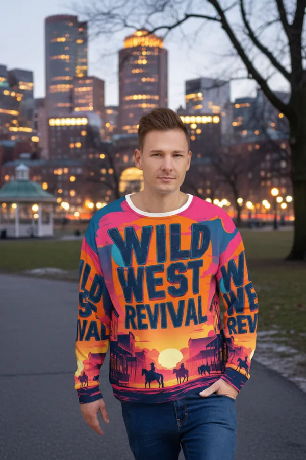 Person wearing a colorful 'Wild West Revival' sweater with a cityscape in the background
