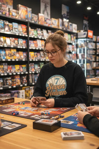 Person playing a board game in a store with shelves of games in the background