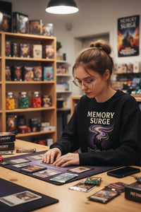 Person wearing a 'Memory Surge' sweatshirt playing a board game in a room with shelves and posters.