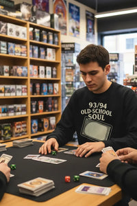 Person playing cards at a table in a store with card displays on shelves.