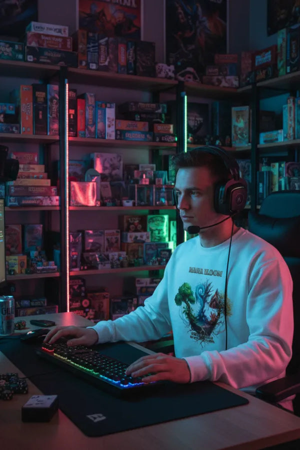 Person playing a video game in a room filled with gaming equipment and books.