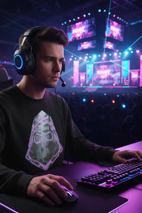 Person playing video games in a vibrant, colorful gaming arena.