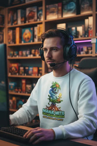 Man wearing headphones and a sweatshirt with a graphic design in a room with bookshelves.