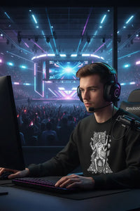 Person playing video games with a large virtual stadium screen in the background