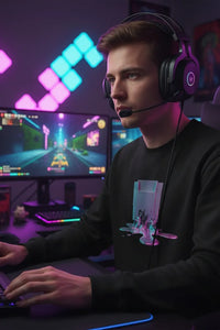 Gamer wearing headphones and a black sweatshirt with a colorful graphic, sitting in front of a computer with a vibrant, multicolored geometric pattern in the background.