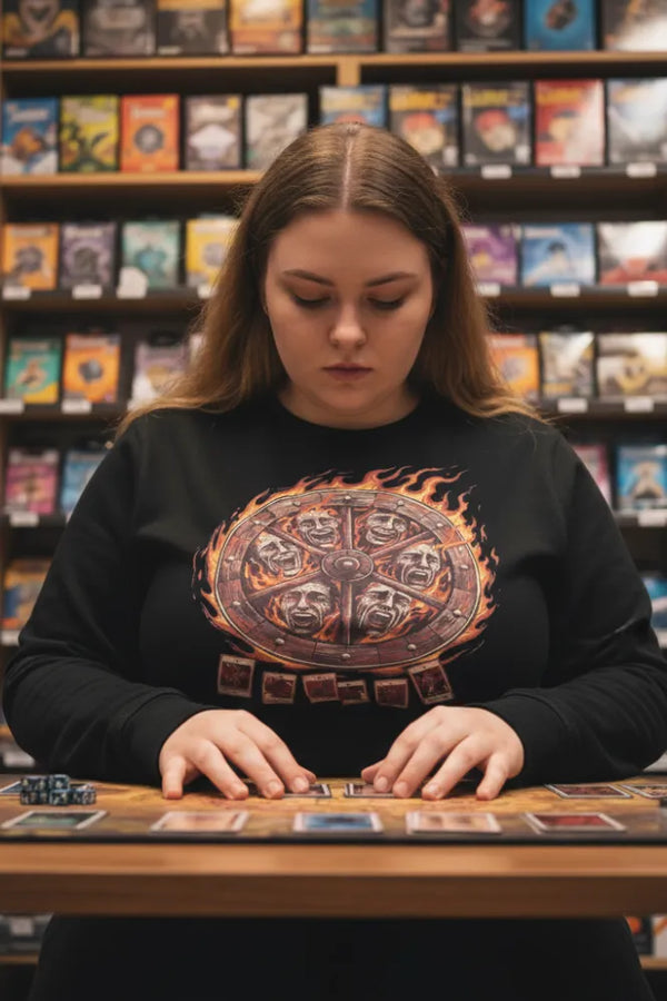 Person playing a board game in a store with shelves of games in the background