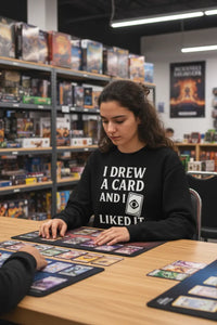 Person playing card game in a store with shelves of board games.