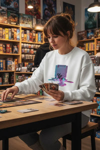 Woman playing card games in a bookstore