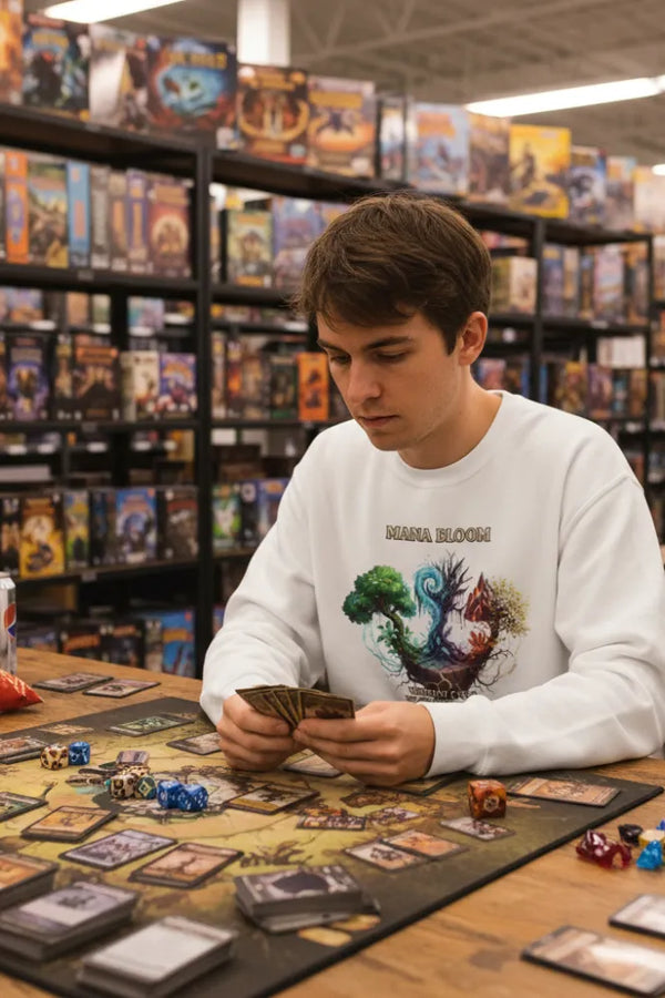 Person playing a board game in a store with shelves of board games in the background