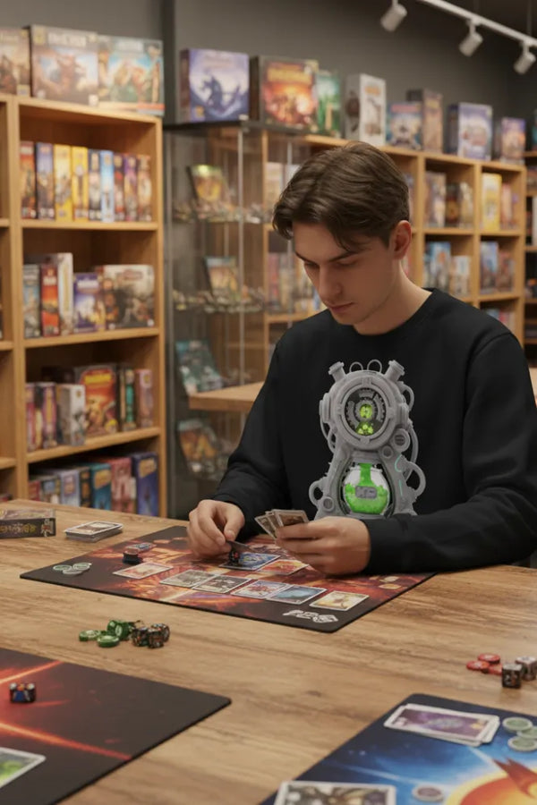 Person playing a board game in a store with game boxes on shelves.