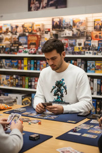 Man playing card game with others in a store with card games on shelves